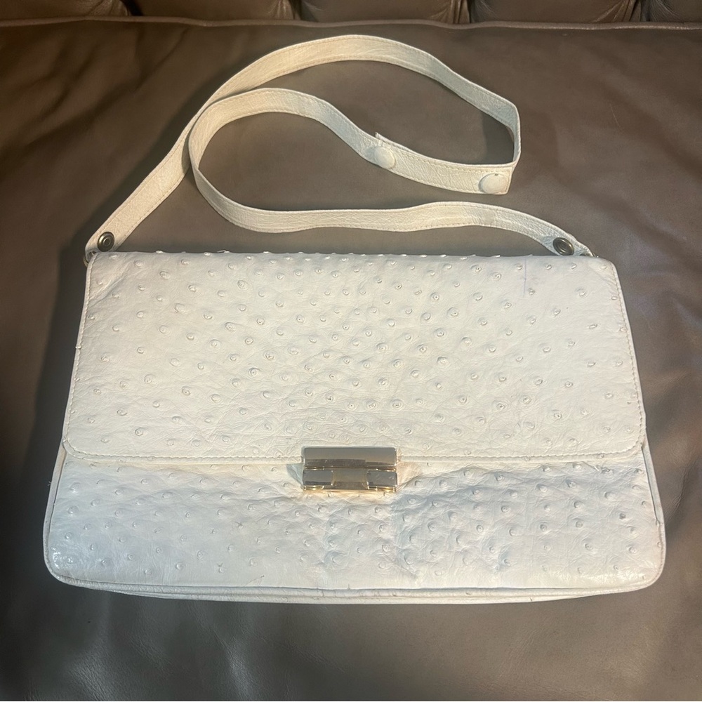 Vintage Made in Italy White Cream Ostrich Leather Shoulder Crossbody Bag Clutch